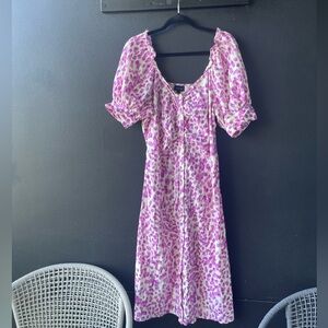 Who What Wear Linen Blend Midi Pink Floral Midi Dress- LG